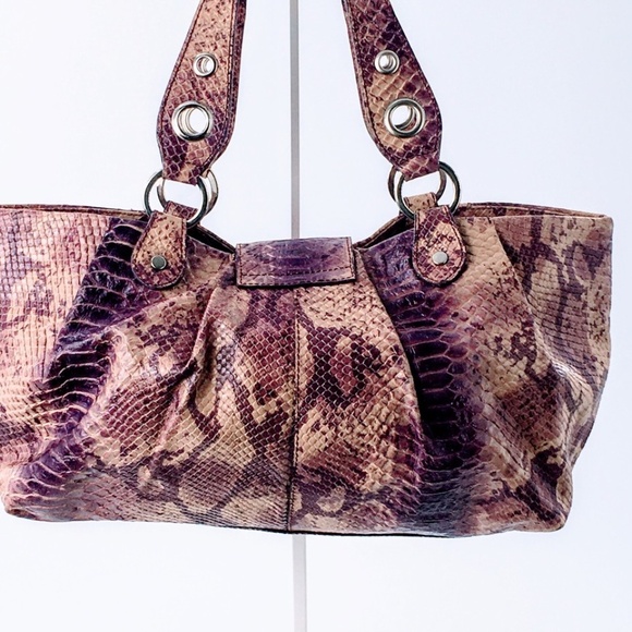 Claudia Firenze Snake Print Leather Shoulder Bag Purple Python Tote - Picture 4 of 16